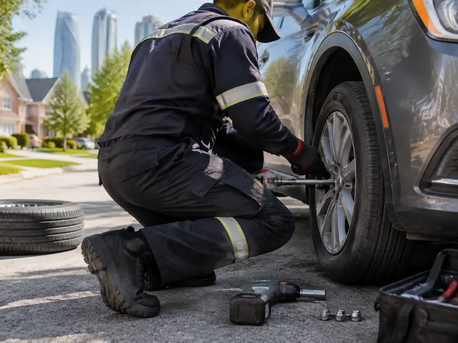 technician performing Flat Tire repair