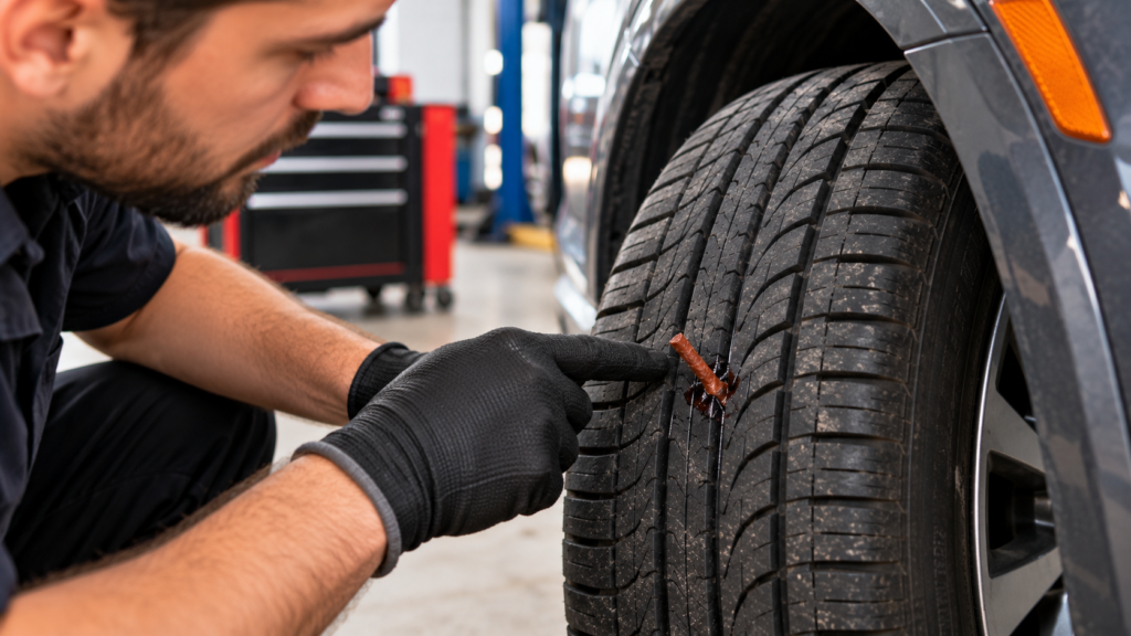 Mechanic Inspecting a Plugged Tire